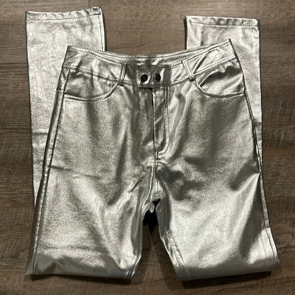 Silver metallic pleather straight leg pants 30” waist - Picture 1 of 8